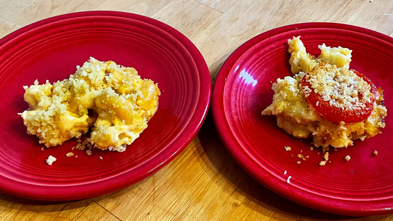 Two pans of mac and cheese ready to bake