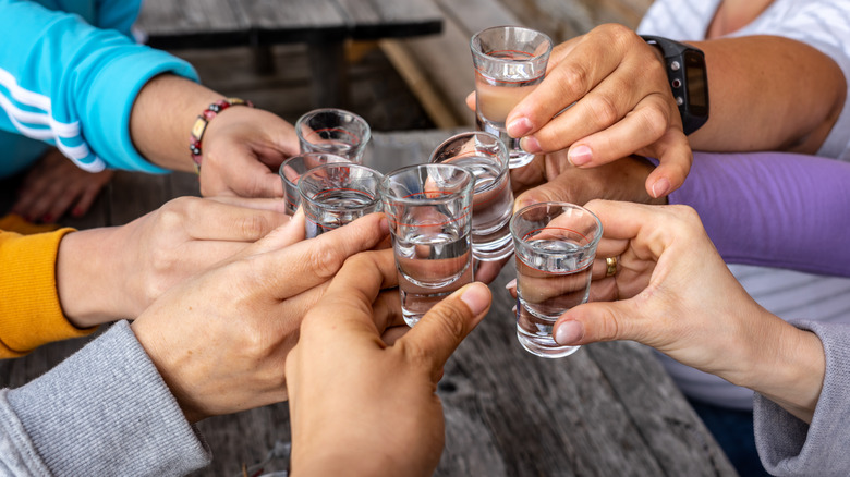 Group of friends drinking shots of vodka