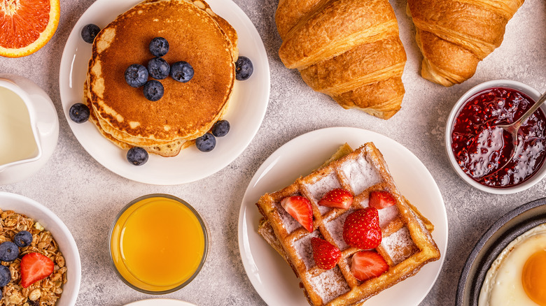 Sweet breakfast foods spread on a table