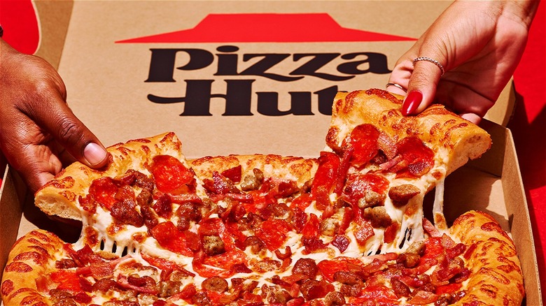 Box of sausage and pepperoni Pizza Hut pizza