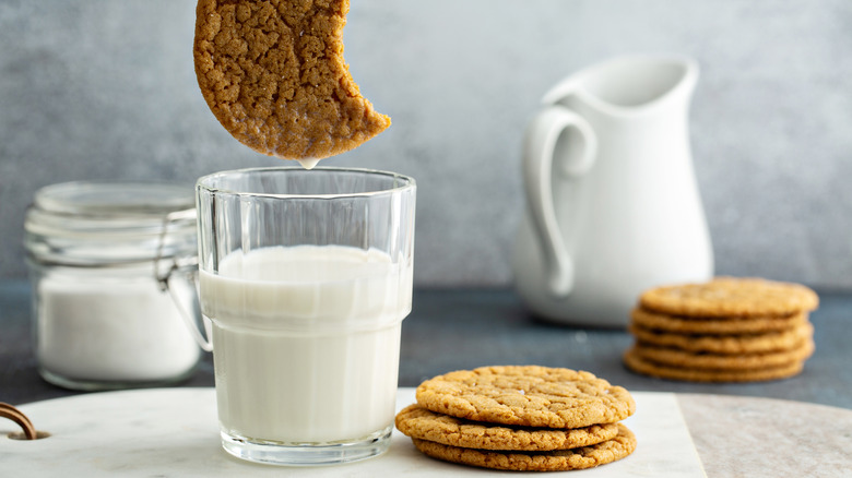 dunking a snickerdoodle cookie in milk