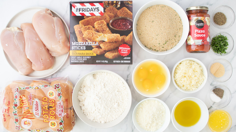 pizza sauce, chicken, mozzarella sticks, and other ingredients