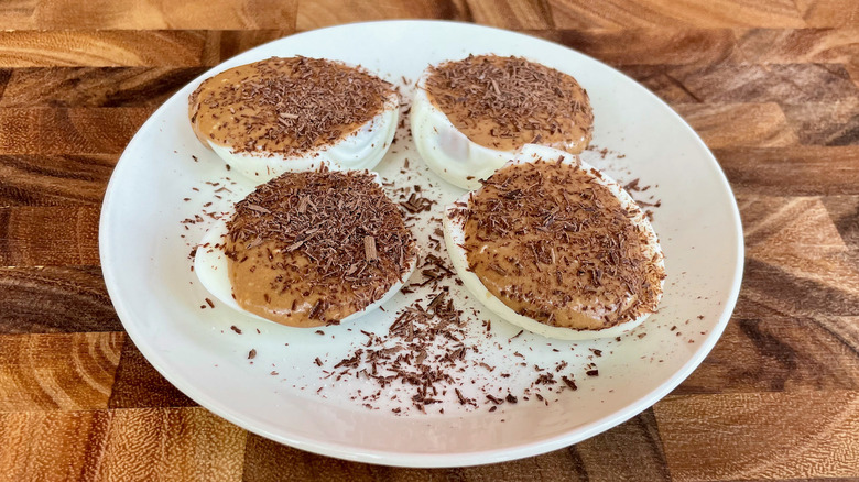 4 Chocolate deviled eggs on plate