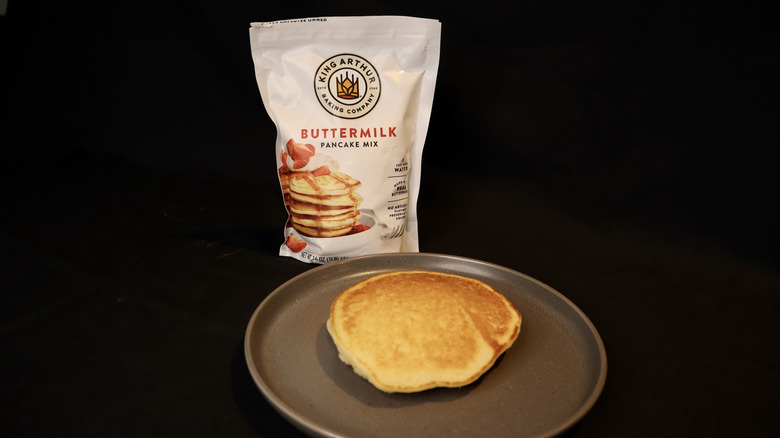 King Arthur Buttermilk Pancake mix and pancake on plate