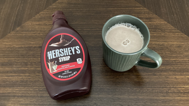 Cup of hot chocolate with Hershey's chocolate syrup