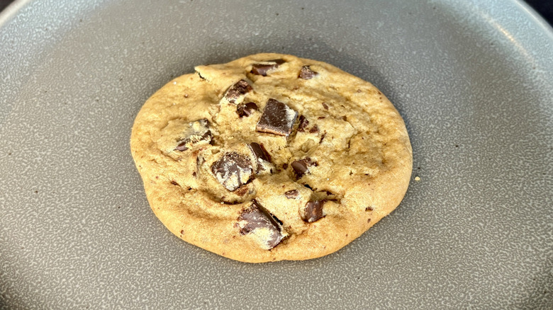Costco chocolate chip cookie on gray plate
