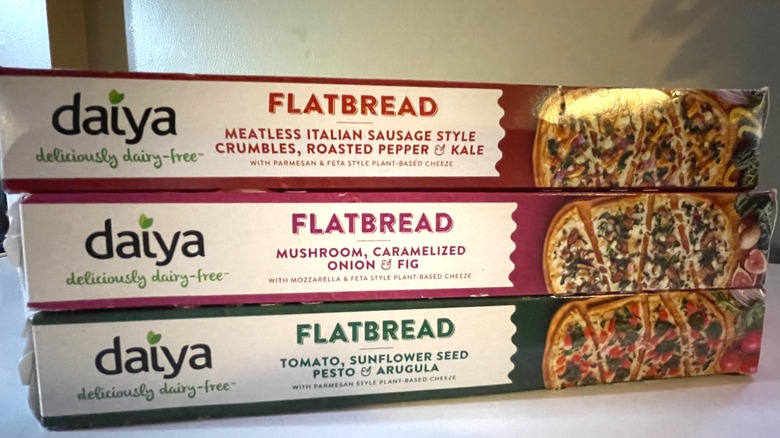 Daiya flatbread boxes stacked on top of each other