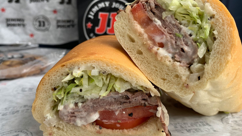 sliced Jimmy John's Beefy Black & Bleu Sandwich