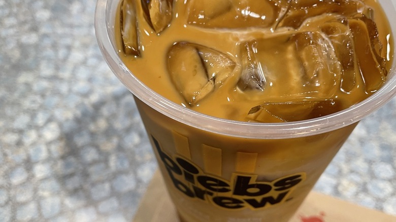A closeup of a Biebs Brew cold brew coffee from Tim Hortons