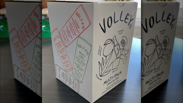 cardboard box of volley seltzers