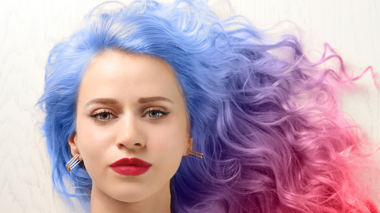 blue and pink ombre hair dye on a woman