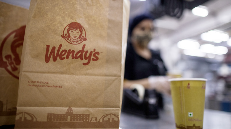 Wendy's bag sitting on a countertop