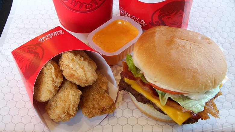 Wendy's burger, nuggets, fries, and drink