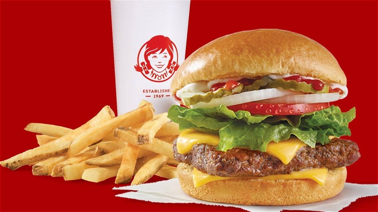 A burger, fries and drink from Wendy's.
