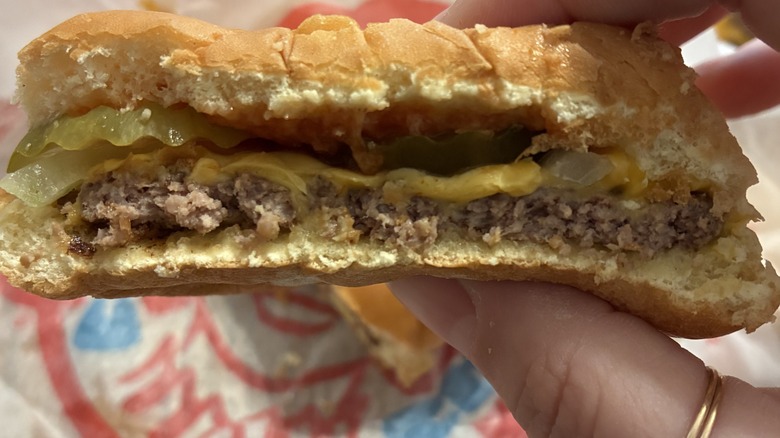 Wendy's Jr. Cheeseburger cut in half