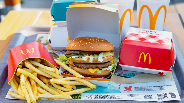 McDonald's fries, two sodas, Big Mac box, unopened spicy McChicken box, and other sandwich boxes.