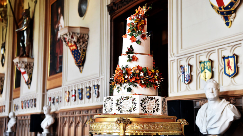 English wedding cake on tray