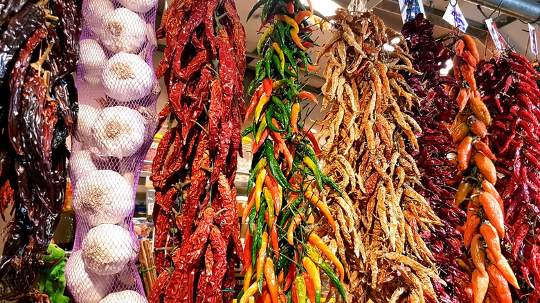 dried chiles hanging