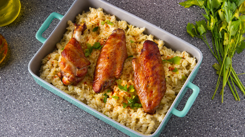 Turkey wings over bed of mac n cheese