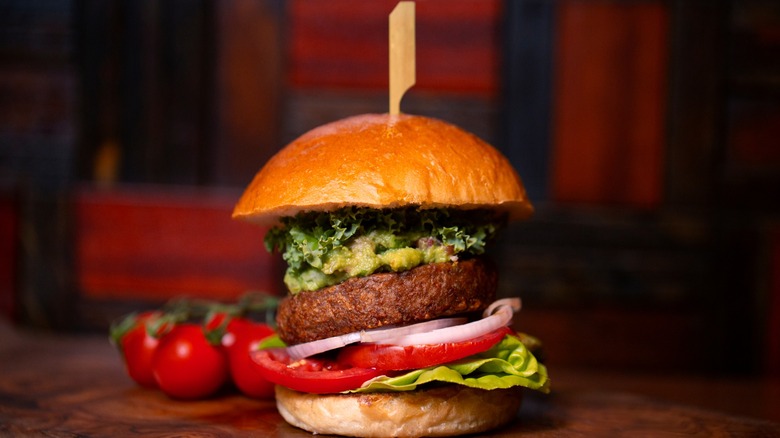 Burger on wooden board