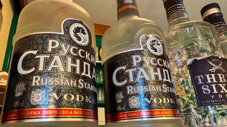 Bottles of Russian vodka, including Russian Standard brand