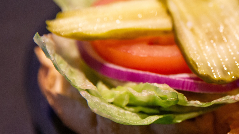 Close-up shot of sliced pickles, onions, lettuce, and tomato slices on a bun