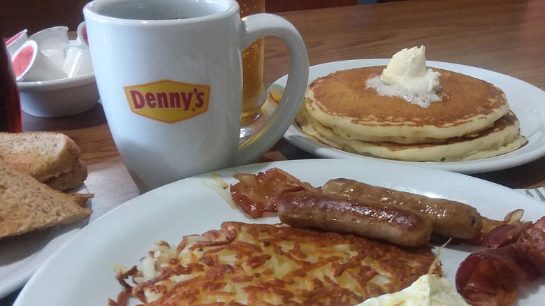 Denny's pancake breakfast with coffee