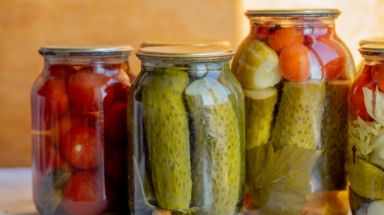 Various pickled foods in jars