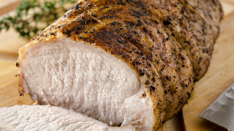 Close up of a sliced roast pork loin