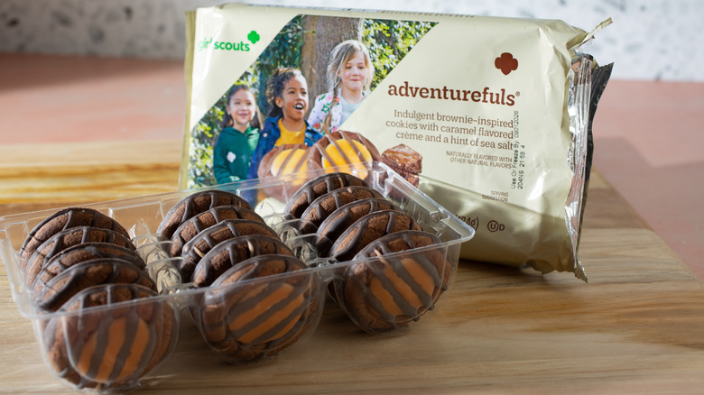 Tray of Adventurefuls Girl Scout cookies on table.