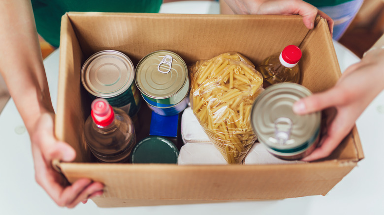 Cardboard box filled with donated food