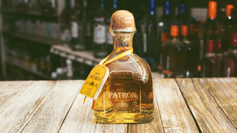 Bottle of Patron tequila on table