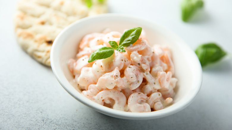shrimp salad in white bowl