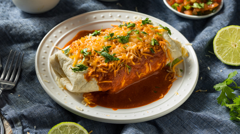 Wet smothered burrito on a plate