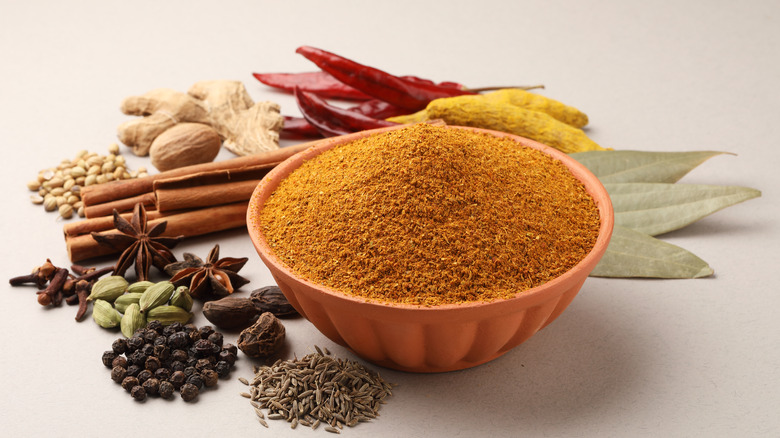 bowl of curry powder surrounded by spices