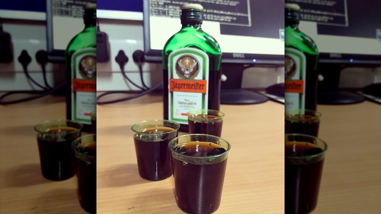 Jägermeister bottle and three shots