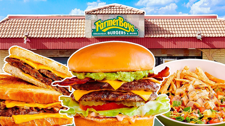 Fast food in front of Farmer Boys sign composite image