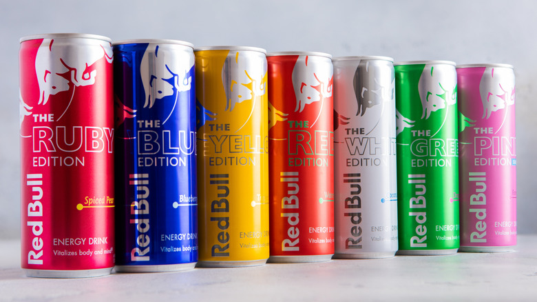 Lineup of various Red Bull seasonal flavors