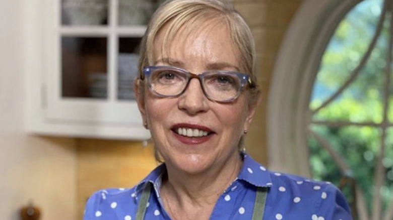 Sara Moulton in glasses on TV show set