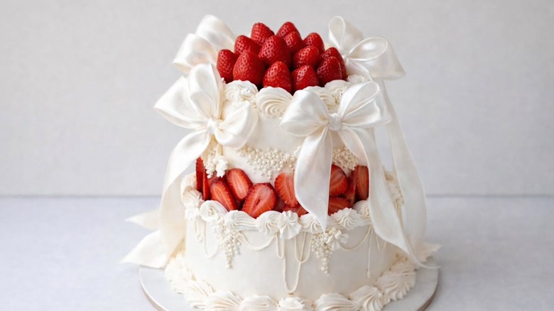 A white frosted wedding cake with red strawberries and white bows sits on a white platter on a white background