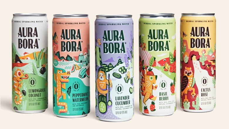 whimsically illustrated cans of Aura Bora sprakling water