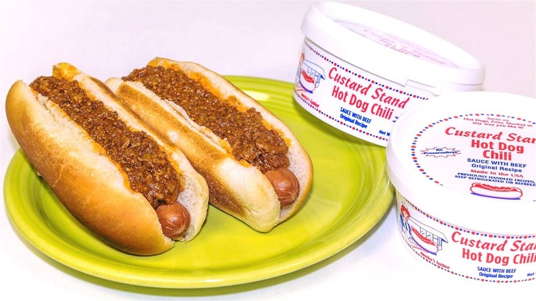 Two hot dogs with Custard Stand Chili