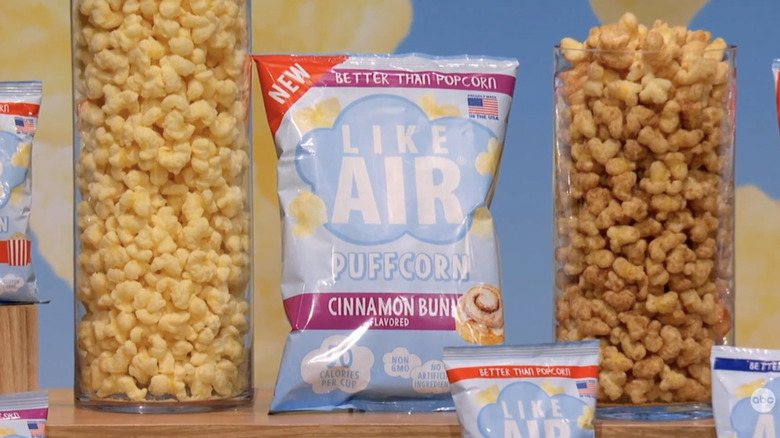 An array of Like Air Puffcorn products on the Shark Tank table