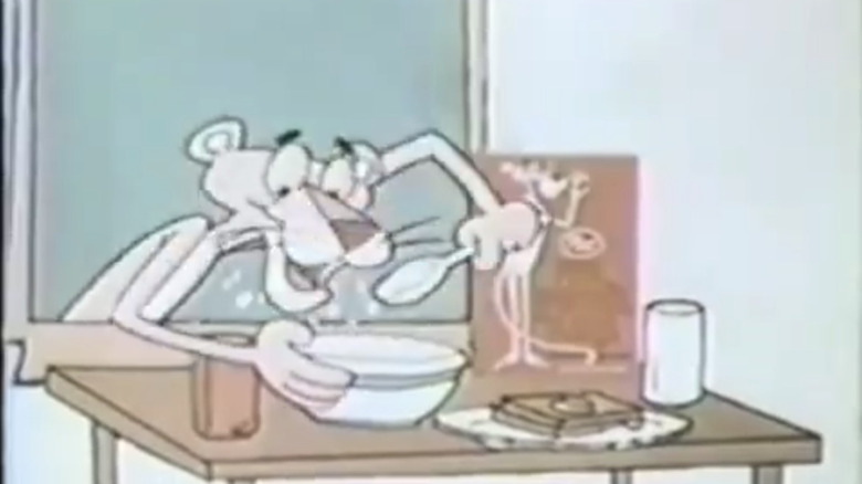 Still from a commercial of the Pink Panther eating a bowl of his namesake cereal.