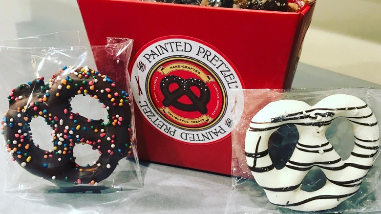 the painted pretzel package and chocolate covered pretzels