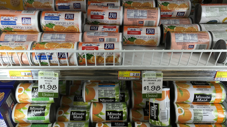 Frozen cans of orange juice concentrate