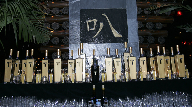 Display of Trump Vodka bottles near tropical plants