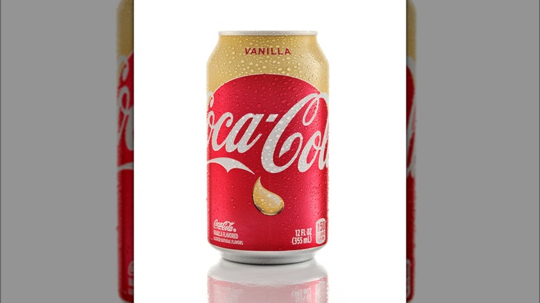 Closeup of a modern Coca-Cola Vanilla can with condensation