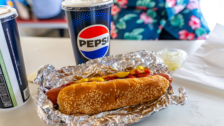 Costco hot dog and Pepsi on table in the store's food court