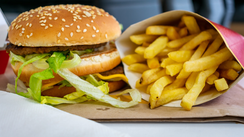 A full McDonald's meal on a tray, with Big Mac and fries